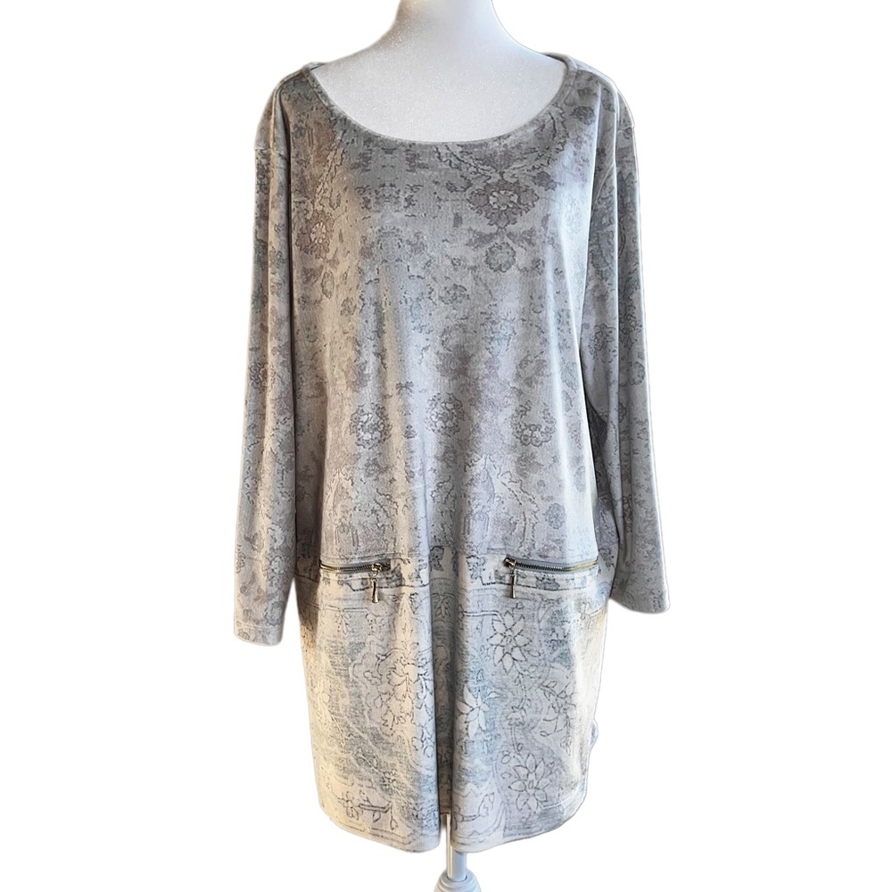 Soft Surroundings Womens Grey Velvet Tunic Floral and Geometric Print Size XL